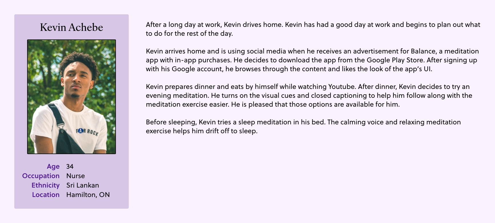 Context scenario for Persona #2: Kevin Achebe